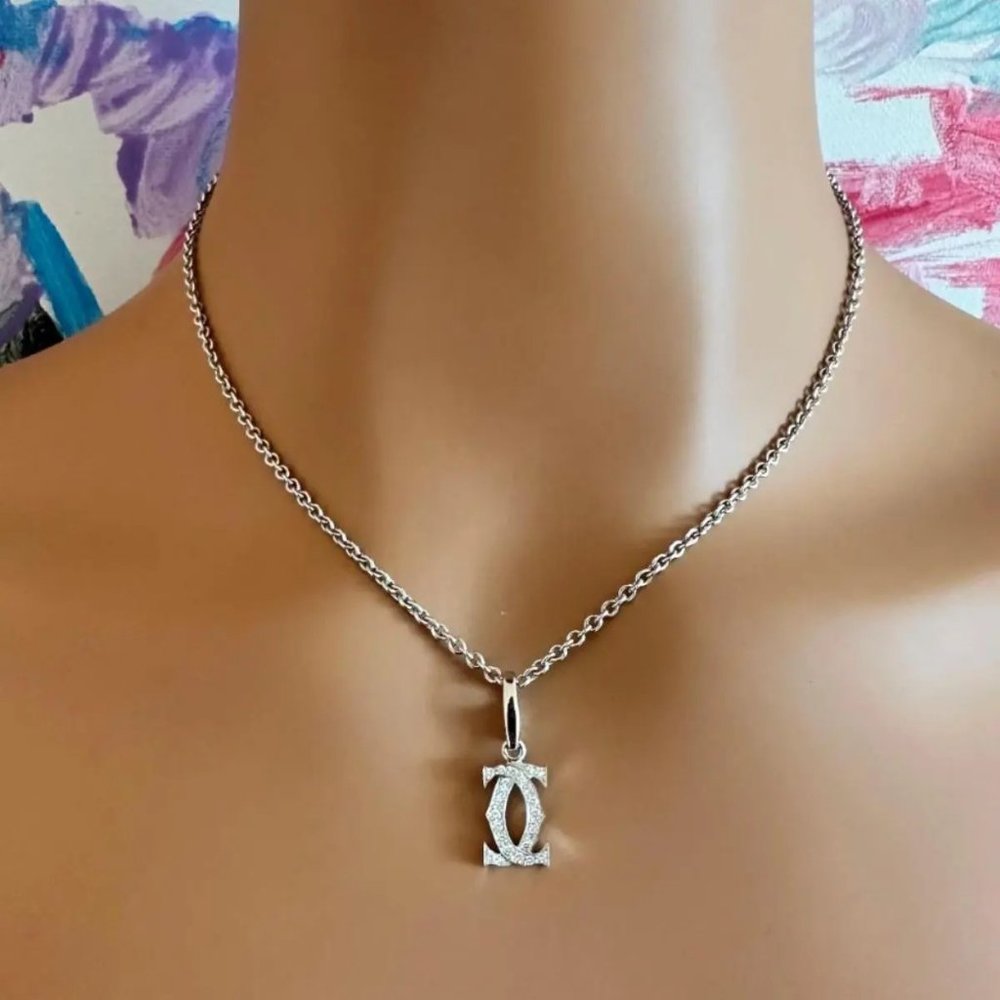 Authentic! Cartier Double C 18k White Gold Diamond Pendant Necklace - Picture 3 of 12